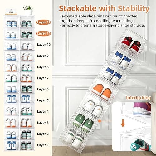 KEFA XL Shoe Storage Box Organizer, 12 Pack Shoe Boxes Clear Plastic Stackable, Sneaker Display Case Container Fit for US 12 thumbnail 6