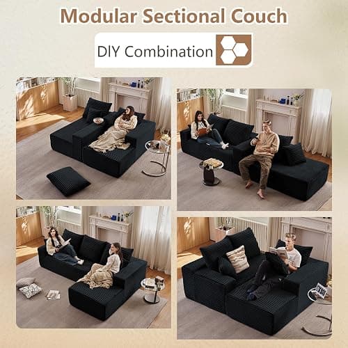 atosela Sectional Couches for Living Room Cloud Couch Sofa with L-Shape Couch in a Box Upholstered Boneless Couchs Modern Modular Sectional Couch with Chaise(Black,3 Seater-Right-Facing Chaise-96) thumbnail 3