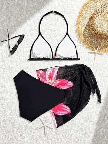 Fvnbvrst Girls Floral Teens Swimsuit Tween Bathing Suit Bikinis for Teens | Cute 3 pieces swimsuit set, teen girl swimsuit, adjustable strap, triangle bikini, halter neck, bathing suit size 7-16, 10-12 thumbnail 3