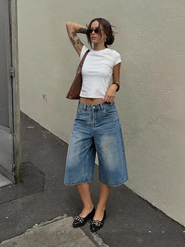 EMMIOL Machine Wash Y2K Jorts Women Wide Leg Baggy Long Jean Shorts Loose Fit Grunge Bermuda Denim Shorts thumbnail 3