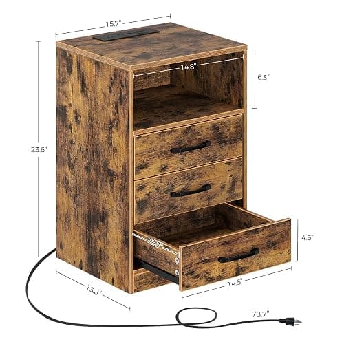 Seventable Nightstand with Wireless Charging Station and LED Lights, Modern End Side Table with 3 Drawers and Open Storage for Bedroom, Rustic Brown thumbnail 3