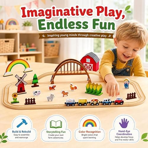 QODOFLR Wooden Farm Train Set,Toddler Toys,Train Set for Toddlers 3-5,Magnetic Train Toys,with Plastic Tracks Compatible with Major Brands Expandable，Sensory Toys for Kids,Ideal Gifts Boys, Girls thumbnail 3
