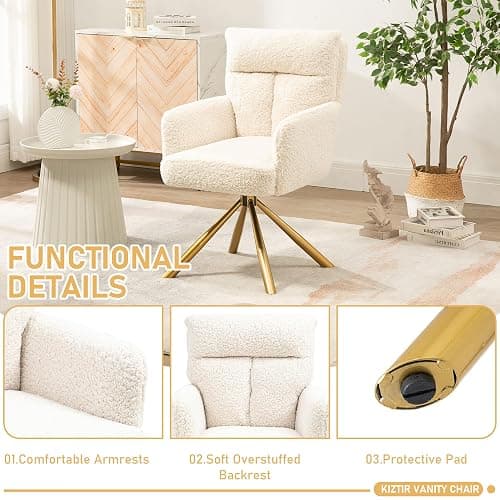 Kiztir Vanity Chair No Wheels Upholstered Teddy Vanity Chair with Back Gold Metal Criss Cross Home Office Desk Chair Boucle Accent Chair Modern Reading Chair Armchair for Living Room, Bedroom (Beige) thumbnail 4