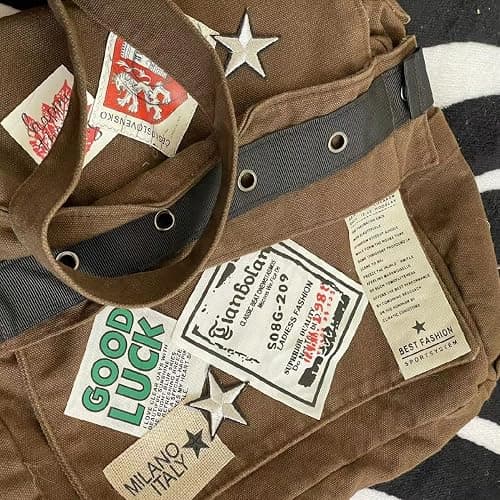 Canvas Messenger Bag for Women Vintage Crossbody Bag Star Patch Grunge Shoulder Bag thumbnail 4