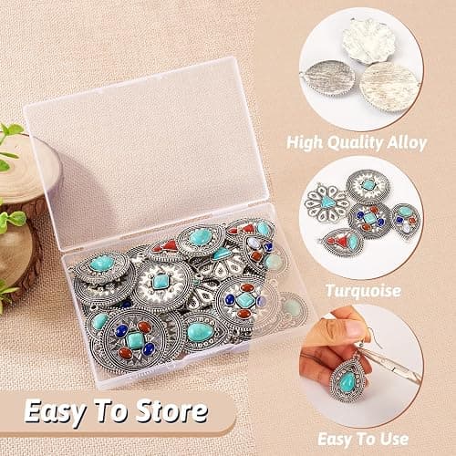 Spritewelry 24Pcs Turquoise Charms Western Charms for Jewelry Making Vintage Antique Silver Pendants Teardrop Flower Flat Round Dangle for Bohemian Necklace Earring Making thumbnail 8