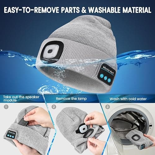 VIBELITE Bluetooth Beanie Hat with Light, USB Rechargeable LED Headlamp with Wireless Headphones, Christmas Gifts Stocking Stuffers for Men, Teen Boys, Him, Husband, Boyfriend, Grey thumbnail 3