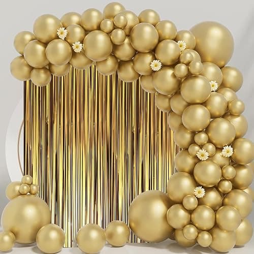 Voircoloria 3 Pack 3.3 x 8.2 ft Matte Gold Foil Fringe Backdrop Curtains, Tinsel Streamers Party Decorations, Fringe Backdrop, Door Shimmer for Graduation, New Years Eve, Birthday Party thumbnail 7