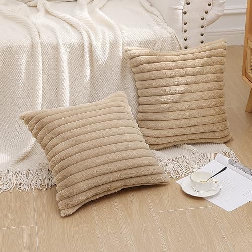 Pallene Faux Fur Plush Throw Pillow Covers 18x18 Set of 2, Luxury Soft Fluffy Striped Decorative Pillow Covers for Sofa, Couch, Living Room, Khaki thumbnail 6