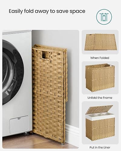 SONGMICS Laundry Hamper with Lid, 42.3 Gallons (160 L), Rolling Laundry Basket with Wheels, 3-Section Synthetic Rattan, Removable Liner, Bedroom, 29.9 x 13 x 26 Inches, Natural ULCB365N01 thumbnail 9