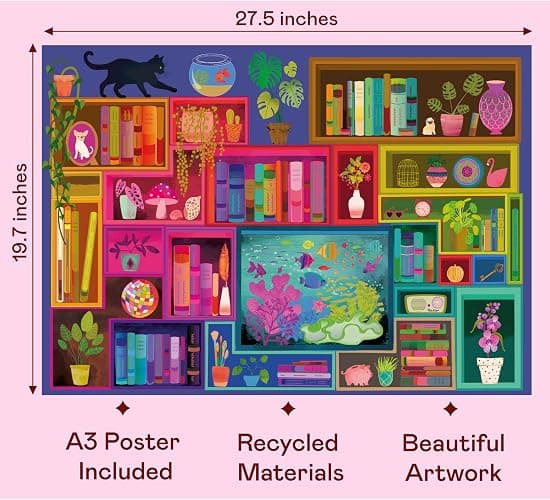 Elena Essex 1000 piece Jigsaw Puzzles for Adults - Bookshelf, Jigsaw Puzzles for Adults 1000, Adult Jigsaw Puzzles 1000 Pieces, Colourful Books Cat Flower Rainbow Puzzle, Size 70x50cm thumbnail 3
