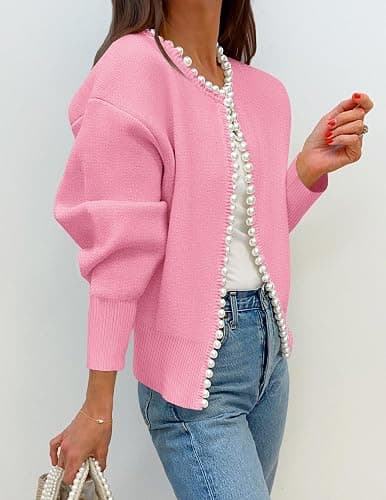 ZESICA Women's Open Front Cardigan Sweater 2026 Fall Casual Knitted Long Sleeve Pearls Trim Outerwear Coat Trendy Clothes thumbnail 4