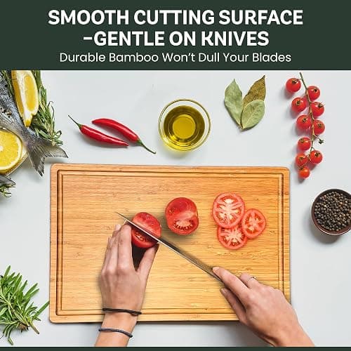 Large Bamboo Cutting Board - 17” Wooden Chopping Block for Kitchen, Charcuterie & Cheese Board with Side Handles and Deep Juice Groove by Bambüsi thumbnail 8