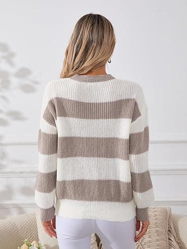 SunnyMelody Womens Cute Color Block Striped Sweater Fall 2025 Pullover Knit Tops - Ribbed Crew Neck, Lightweight, Loose Fit thumbnail 3