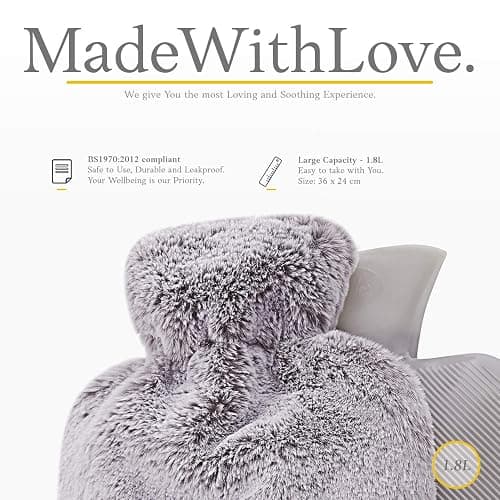 Bouillotte avec Housse en Peluche - Housse en Peluche Moelleuse et Douce - Grande Capacité 1,8 L - Bouillotte Eau Chaude pour Soulagement de la Douleur & Nuits Chaudes Cosy - Gris Clair thumbnail 3