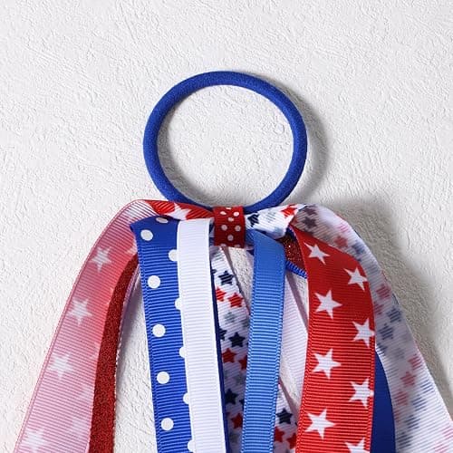 Girls Patriotic Ponytail Hair Ribbon Streamer 4th of July Red White Blue American Flag Pony Holder Elastic Hair Tie Bands Independence Memorial Day outfit Pigtail Decor Accessories thumbnail 6
