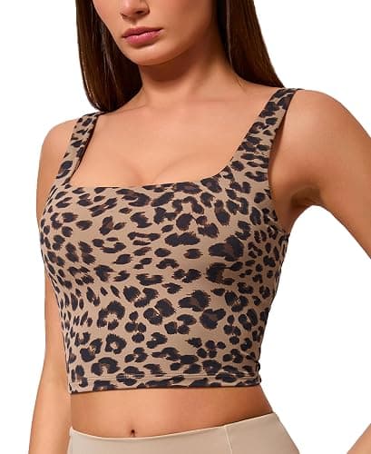 Oalka Women's Square Neck Crop Tank Top Padded Yoga Sports Bra | Removable Pads Bras, Light Support, Super Soft, Chafe-Free, Wireless, Training, Pilates Workout Casual Cropped Tops For Women - Image 1