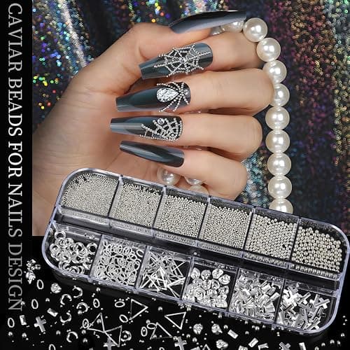 Teenitor Silver Nail Charms and Gems Kit, 4 Boxes Nail Gems Silver Rhinestones for Nails, 3D Y2K Accessories Nail Decor, Cross Charms for Nails Design Star, Caviar Beads for Nails Art thumbnail 7