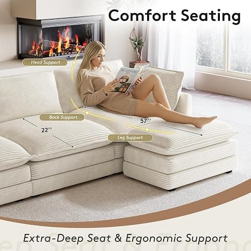 ROWHY 104'' Modular Sectional Cloud Couch with Movable Ottoman, 4 Seat Modern Corduroy Sofa, Deep Seat L Shaped Couch for Living Room Bedroom Apartment, Beige thumbnail 7