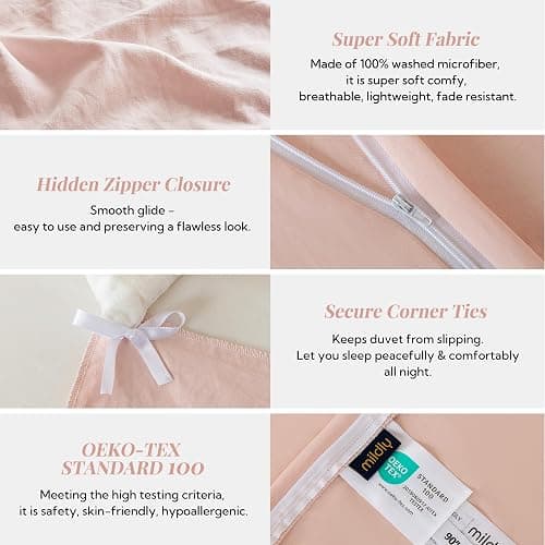 MILDLY Duvet Cover Twin Ultra Soft Comforter Cover Set 2pcs, Pink | Washed Microfiber Cotton-Like, Breathable Comfort, Hidden Zipper, 8 Corner Ties, OEKO-TEX Certified, Fade Resistant thumbnail 5