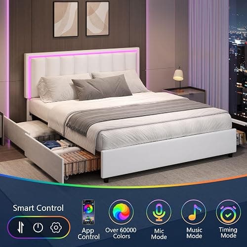 IMMERSTABLE Full Bed Frame with 4 Drawers, Full Size Bed Frame with LED Lights, Upholstered Bed Frame Full Size with Headboard, No Box Spring Needed, Noise-Free, Easy Assembly, White - White - Full thumbnail 3