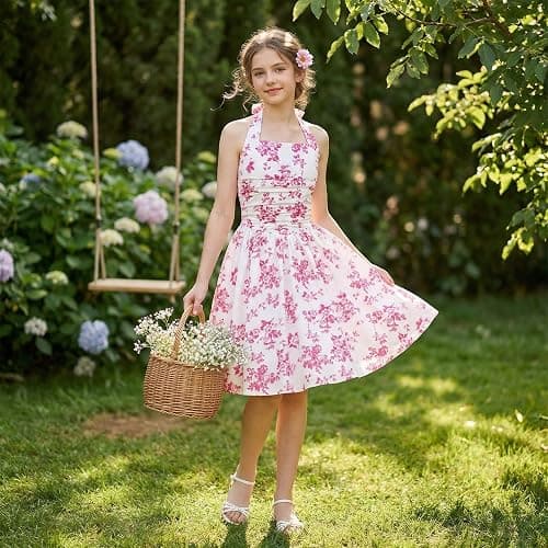 GRACE KARIN Girls Floral Summer Dress Spring Holiday Beach Party Sundress Halter Neck Tie Backless Dresses 7-16 Years thumbnail 2