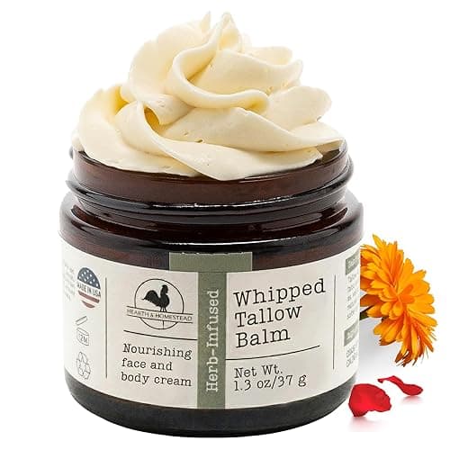 Hearth & Homestead Whipped Beef Tallow for Skin & Face - 100% Grass Fed, Eczema Cream & Body Butter - Organic Olive Oil, Calendula & Rose - Lotion & Hand Moisturizer for Dry Skin, Unscented, 1.3oz - Image 1