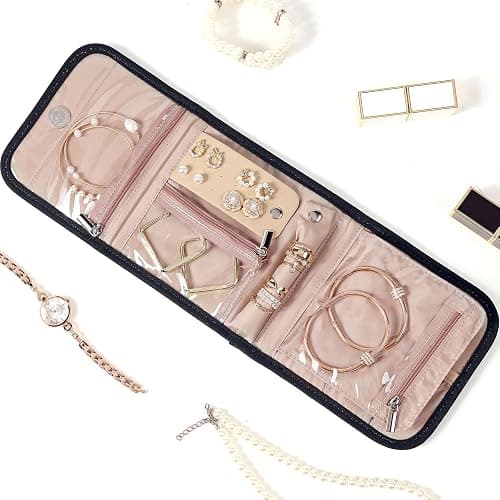 BELALIFE Travel Jewelry Case Organizer, Small Foldable Storage Roll for Earrings, Necklaces, Rings, Bracelets, Brooches, Black thumbnail 2