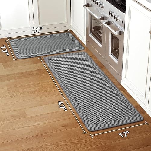 QiCaiJia Kitchen Mats for Floor, 17''x30''+17''x47''Kitchen Rugs Set of 2, Washable Non Slip Absorbent Kitchen Mat, Braided Kitchen Runner Rug, Kitchen Sink Rug, Grey thumbnail 2