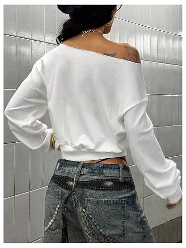 SweatyRocks Women's Y2k Cross Graphic Crop Sweatshirts Punk Long Sleeve Off The Shoulder Pullover Tops thumbnail 2