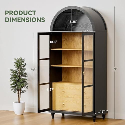 YESHOMY 71" Arched Cabinet, Tall Kitchen Pantry Storage Cabinets with Large Drawers, Shelves and Glass Doors, Modern Display Bookcase for Living Room, Dining Room (Pure Black) thumbnail 2