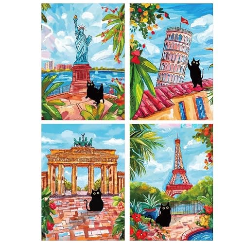 Black Cat Diamond Art Kits - 4 PCS World Famous Buildings Diamond Painting Set, DIY Leaning Tower of Pisa, Arc de Triomphe, Lattice Tower, Statue of Liberty Gem Art Craft, Home Living Room Decor - Image 1