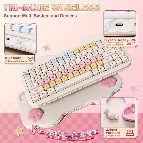 YUNZII C75 Wireless Mechanical Keyboard, 75% Layout Hot Swappable Creamy Keyboard NKRO, PBT MOA Keycaps RGB Backlit Gasket Mount, Cute Cake Design BT5.0/2.4G/USB-C (Beige, Milk V2 Linear Switch) thumbnail 4