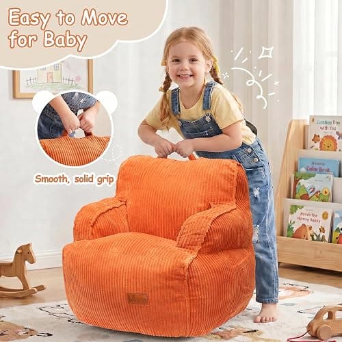UODERS Bean Bag Chairs for Kids, Kids Bean Bag with Side Pocket-BurntOrange | Safe non-slip base, side pocket for toys, lightweight for girls & boys, breathable corduroy for all seasons, top handle thumbnail 9
