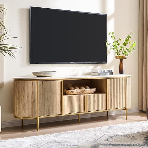 OKD Luxury 70" Fluted TV Stand, Modern Chic Entertainment Center for TVs Up to 80 inches, TV Console with Faux Marble Top, Curved Profile Design, Media Console for Living Room, Natural Oak thumbnail 3