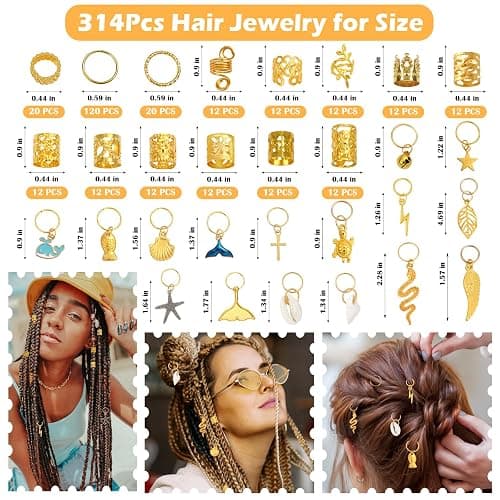 314 Pcs Hair Jewelry for Women Loc Jewelry for Hair Dreadlocks, Aluminum Gold Hair Charm for Braids, Dreadlock Accessories Hairs Decoration with Ring Cuffs Charms for Hairs Braids Accessories thumbnail 2