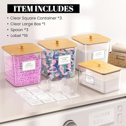 HomePekite Laundry Pods Storage Container, Clear Laundry Room Organization and Storage ,Detergent Powder Container,with Wooden Lids & Labels, 3+1 Pack thumbnail 6