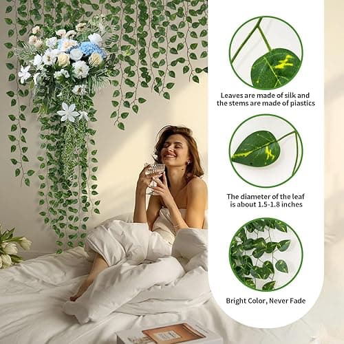 12 Pack 86Ft Fake Plants Artificial Vines for Room Decor, Faux Ivy Greenery Garland for Home Teen Girls Bedroom Living Aesthetic Farmhouse Dorm Wall Decoration, Wedding Easter Christmas Party Gift thumbnail 3