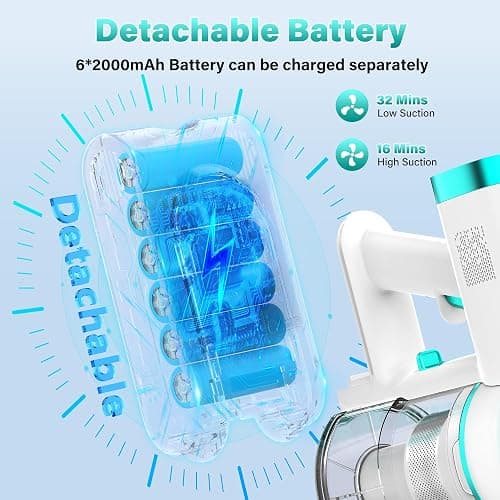 Tikom V500 Cordless Vacuum Cleaner for Home, 40000Pa/450W Stick Vacuum with LED Touch Screen, Charging Wall Dock, Anti-Tangle, Lightweight Handheld Vacuum for Pet Hair, Hard Floor, Carpet, Blue thumbnail 6
