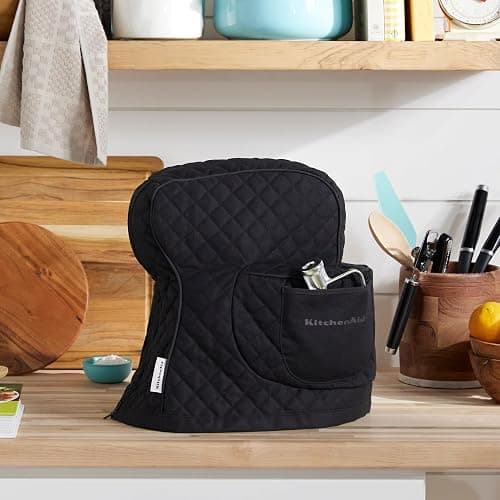 KITCHENAID Fitted Tilt-Head Solid Stand Mixer Cover with Storage Pocket, Quilted 100% Cotton, Matte Black, 14.4"x18"x10", NEW AND IMPROVED FIT thumbnail 2