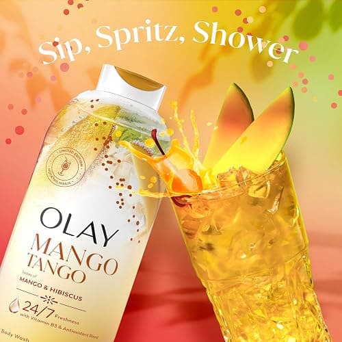 Olay Body Wash for Women, 24/7 Skin-Loving Freshness, Miami Mocktails, Plant Based Cleansers, Vitamin B3 & Antioxidant Blend, For All Skin Types, Mango Tango with Mango & Hibiscus Scent, 22 fl oz thumbnail 7
