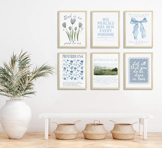 Set of 6 Trendy Blue Christian Canvas Wall Art Bible Verses Preppy Posters Coquette Blue Bow Biblical Painting Pictures Religious Scripture Prints for Girls Room Dorm Apartment Home Decor Unframed thumbnail 2