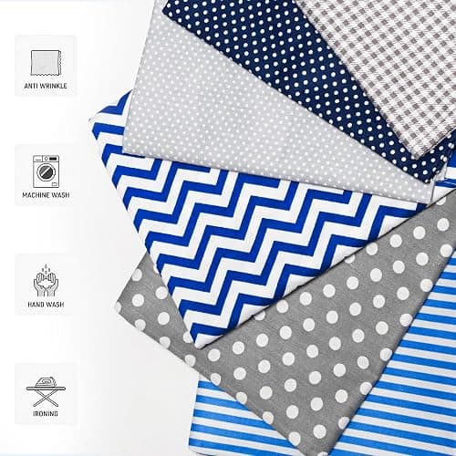 100% Cotton Printed Cloth, Fat Quarters Fabric Bundles, Blue & Grey Stripe, Polka Dot, Wave, Gingham Patterns, 6 Pcs Quilting Patchwork Fabric, 18"x22", for Sewing DIY Crafts thumbnail 4