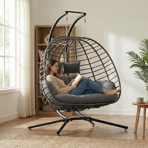 SWITTE Double Egg Swing Chair with Stand, Outdoor Patio 2 Person Hanging Wicker Hammock Chairs with Cushion for Indoor Bedroom, Lawn, Garden-Dark Grey thumbnail 2