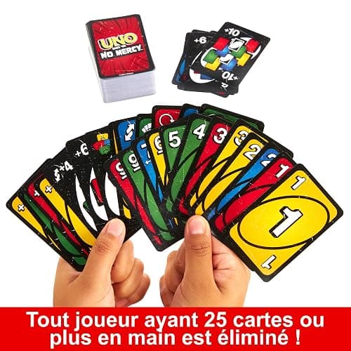 Mattel Games UNO No Mercy Jeu de cartes dans sa boîte de transport et de voyage, pour des soirées jeux en famille, avec des règles spéciales et des pénalités plus sévères, HXT57 thumbnail 5