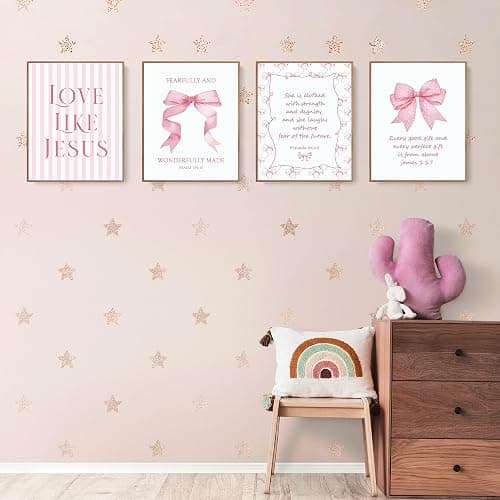 LARTSFRO Coquette Pink Bow Jesus Wall Art Decor Posters, Light Pink Bow Christian Room Bedroom Bathroom Dorm Wall Art Decor Aesthetic for College Teen Girls Gifts, Inspirational Bible Verses Bow Wall Decor, 10x8 Inch Set of 4 Bow Pictures (UNFRAMED) thumbnail 3