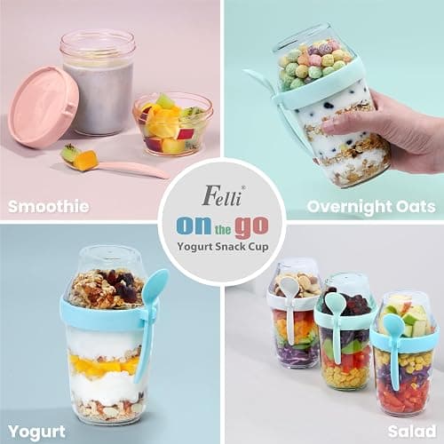 Felli On The Go Yogurt Parfait Snack Cup with Lid, Reusable Leak Proof Acrylic Travel Container for To Go Cereal Granola Milk, 12 oz Clear Mason Jar with Spoon & Crunch Fruit Holder (2, Yellow) thumbnail 8