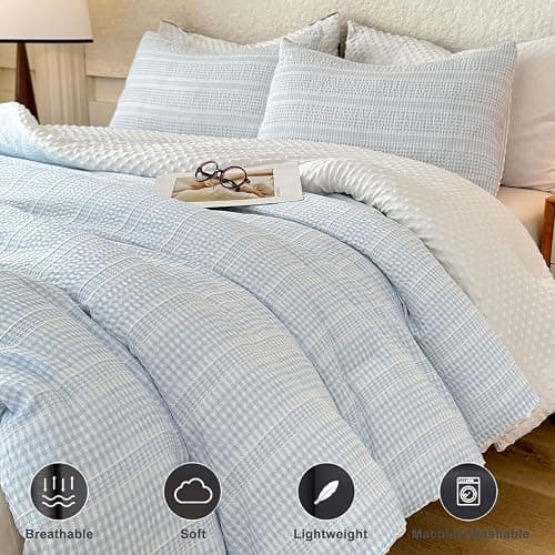 tohrisa Boho Comforter Set Full Size - 3 Pieces Lightweight Jacquard Seersucker Bedding Sets (1 Soft Fluffy Grid Comforter & 2 Pillowcases) - All Seasons Cozy Modern Bed Set(80"x90" Sky Blue) thumbnail 4