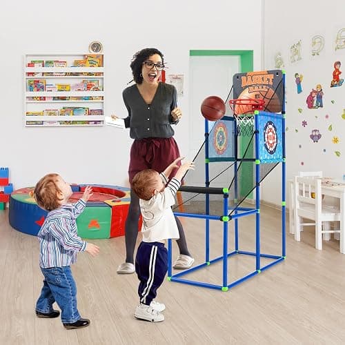 GYMAX Basketball Arcade Game, 2 in 1 Kids Basketball Stand Set with 2 Basketballs, 8 Sticky Balls, Electronic Scoreboard & Sound Effect, Outdoor Indoor Basketball Hoop Game for 3 Years Old+ Boys Girls thumbnail 2