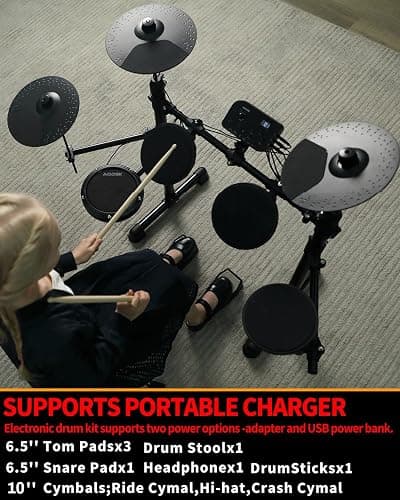 AODSK Electric Drum Set for Beginner with 150 Sounds,4 Quiet Drum Pads,2 Pedal,Throne,Sticks,Electronic Drum with Headphone,AED-400 thumbnail 2