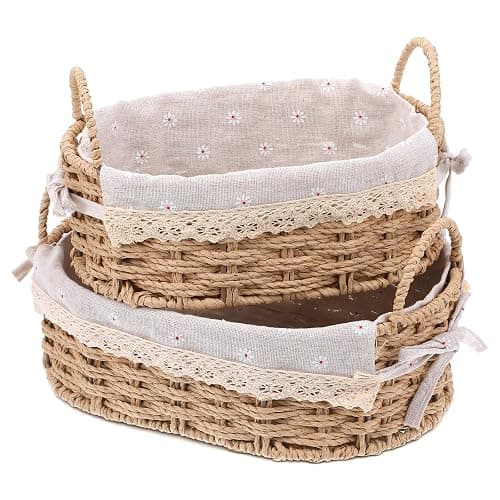 2Pcs Small Wicker Storage Baskets with Handles & Liners for Organizing | Hand-Woven Cute decorative Basket for Home Shelves Organizing, Storage and Deco thumbnail 8